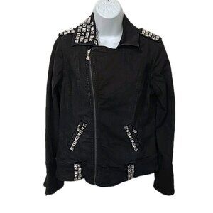 DG2 Moto Jacket M Black Denim Jean Rhinestone Trim Zippers Pockets Epaulets